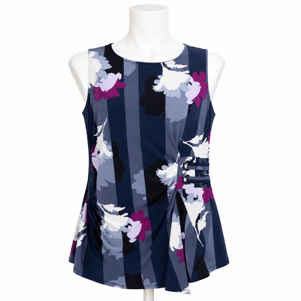 Alfani Floral‎ Sleeveless Blouse Womens S Navy Draped Buckle Stretch Career Top